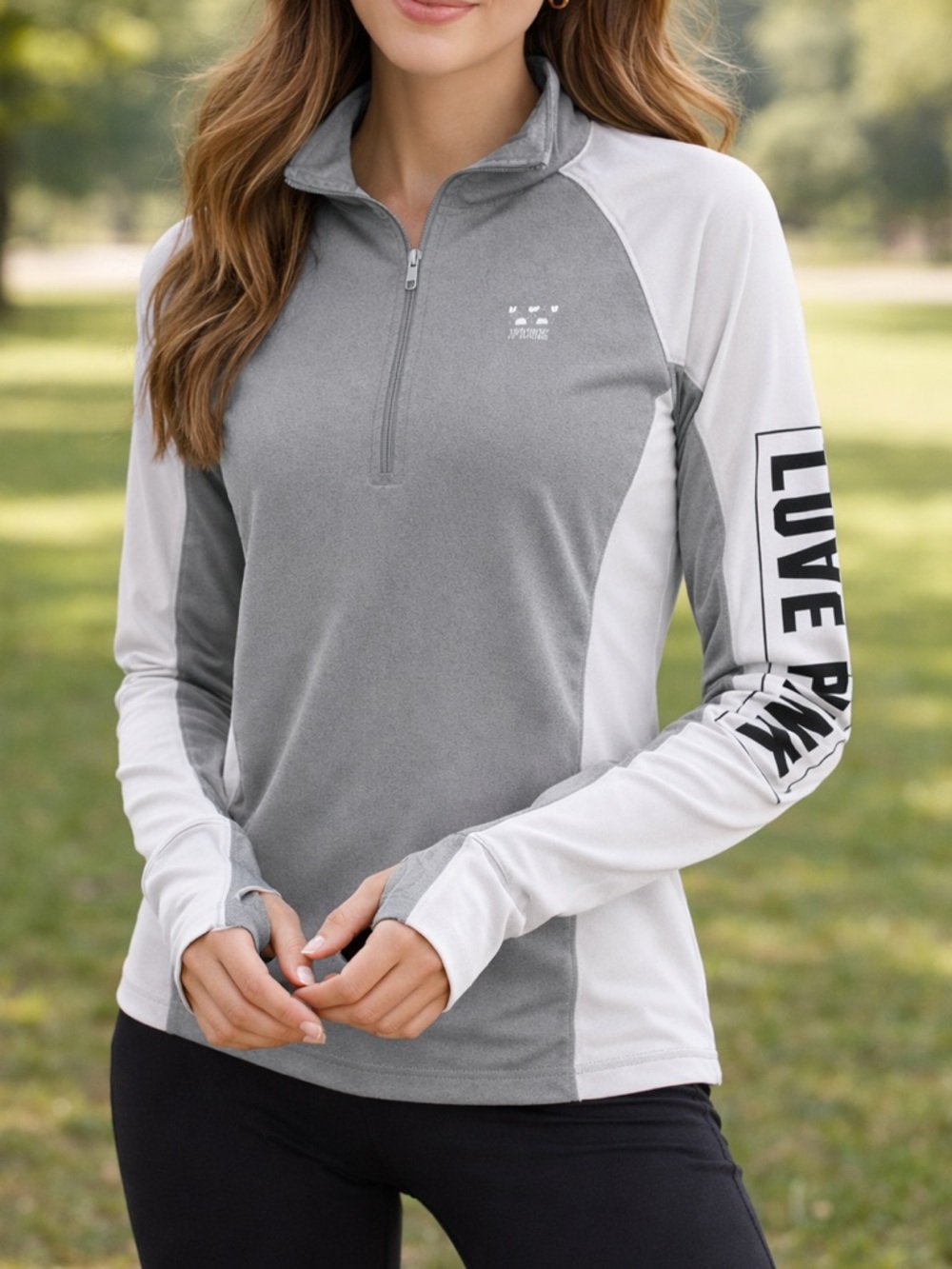 Victoria’s Secret PINK Ultimate Deep Zip Pullover – Gray/White | Size Small